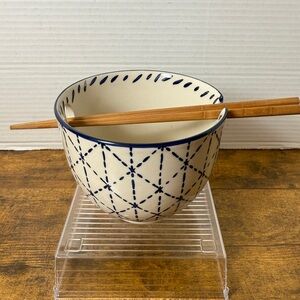 Home Essentials Noodle Bowl Ramen Chop Sticks Rest Cutouts Blue Cream Farmhouse